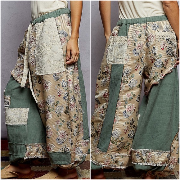 POL Floral Print Patchwork Stretchy Waist Color Block Jogger pants - Picture 3 of 3